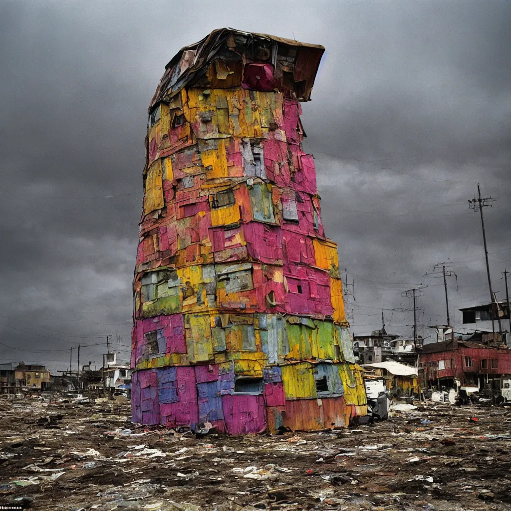 Image similar to close - up view of a tower made up of colourful makeshift squatter shacks with bleached colours, moody cloudy sky, dystopia, mamiya, f 1. 8, very detailed, photographed by bruno barbey