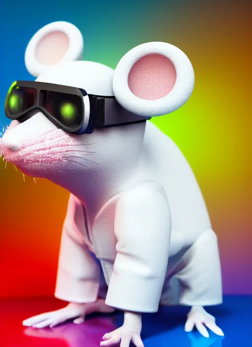 Prompt: a 3D render of a cute fuzzy pet rat dressed in a white lab coat and safety goggles, mixing colorful chemicals in a chemistry lab, bokeh, Canon 50mm, cinematic lighting, volumetric light, octane, octane render, redshift render