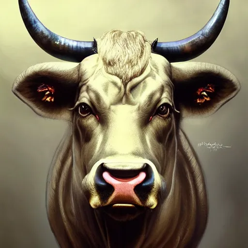 Prompt: portrait of a bull with a humanoid face, male, handsome, masculine, full body, red hair, long hair, soft hair, fantasy, intricate, elegant, highly detailed, suit, coffee shop, digital painting, artstation, concept art, character art, smooth, sharp focus, illustration, art by artgerm and greg rutkowski and alphonse mucha