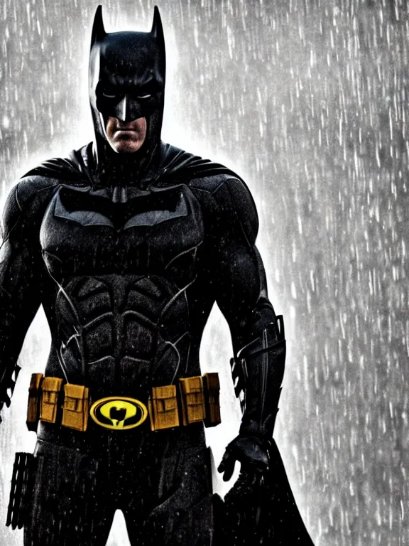 Image similar to film still, ryan reynolds as batman, mask down, hyperrealism, moody lighting, rain, intricate, 8 k