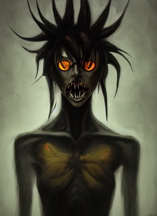 Image similar to dark portrait painting of tracer from overwatch, in style of zdzisław beksinski, scary, horror, overwatch tracer character, detailed face, dressed in dark garment, black tendrils, tall,