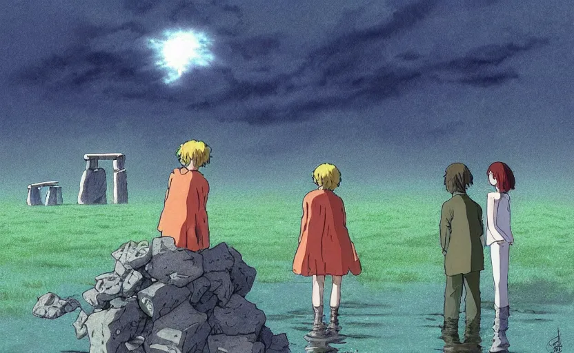 Image similar to a realistic cell - shaded studio ghibli concept art from paprika ( 2 0 0 6 ) of a flying multi - colored cube from close encounters of the third kind ( 1 9 7 7 ) and a grey long - haired witch in a flooded stonehenge on a misty starry night. very dull colors, wide shot, hd, 4 k, hq