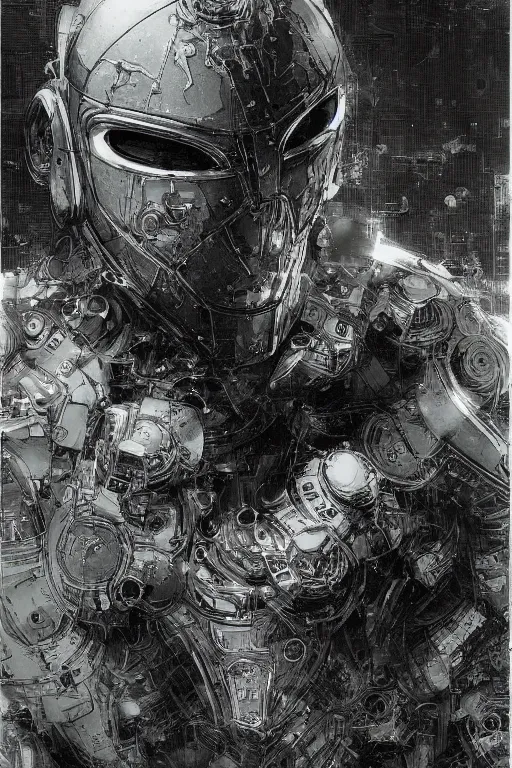 Image similar to portrait of a futuristic masked man with cybernetics and wires on the helmet, pen and ink, intricate line drawings, by craig mullins, ruan jia, kentaro miura, greg rutkowski