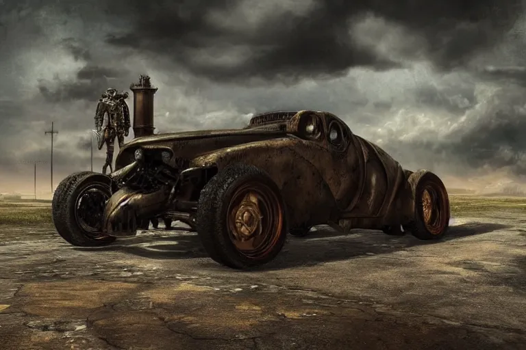 Prompt: ultra realist 3d soft paint of a single gothic steampunk four wheel sport car fully armored, Fallout, symmetry accurate features, very intricate details, ominous sky, volumetric light clouds, post apocalyptic background