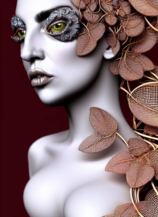 Image similar to complex 3d render ultra detailed of a beautiful porcelain lady gaga face, mechanical vegetal cyborg, 150 mm, beautiful natural soft light, rim light, silver gold details, magnolia big leaves and stems, roots, fine foliage lace, mesh wire, Alexander Mcqueen haute couture, lady Gaga style, intricate details, hyperrealistic, mandelbrot fractal, anatomical, red lips, silver metal armor, facial muscles, cable wires, microchip, elegant, white background, octane render, H.R. Giger style, 8k