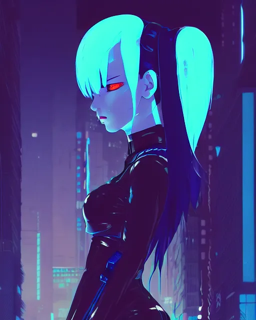 Image similar to digital illustration of cyberpunk pretty girl with blue hair, wearing a black dominatrix outfit, in city street at night, by makoto shinkai, ilya kuvshinov, lois van baarle, rossdraws, basquiat