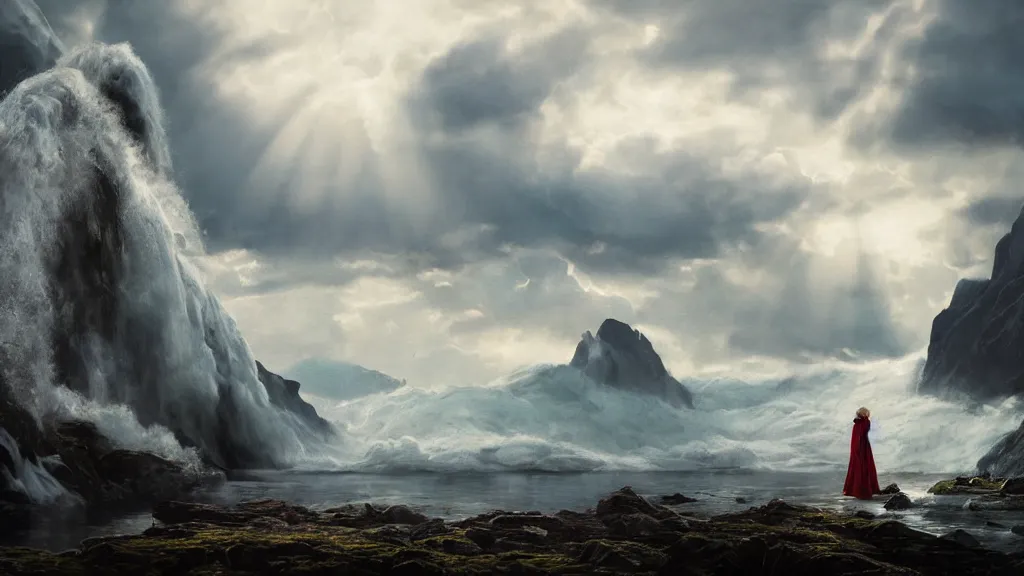 Image similar to queen, norway fjord, natalie portman, hudson river school, max rive, giant waves, white royal dress, f 1 6, bokeh, gentle, female, snowy, storm clouds, god rays, close up portrait, d & d, fantasy, elegant, low key color palette, concept art, roger deakins and greg rutkowski and alphonse mucha