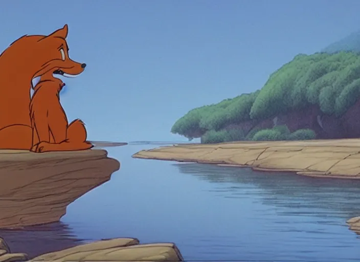 Image similar to sunningrocks by the river's shore, still frame from the fox and the hound ( 1 9 8 1 )