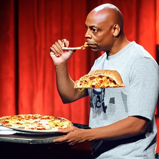 Image similar to dave chapelle biting into a slice of pizza at on stage at a comedy club