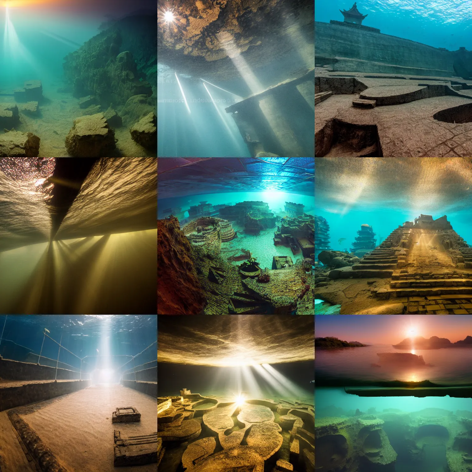 Prompt: A photo of an ancient underwater Chinese city at the bottom of the lake, rays of light illuminating from the top, highly detailed, smooth, sharp focus, 8K, f8, 28mm