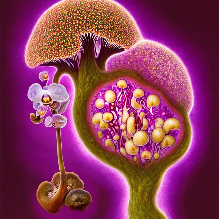 Image similar to extremely psychedelic organic embryo made of orchid and cherry blossom tree and mushroom, LSD embryo, diffuse lighting, fantasy, intricate, elegant, highly detailed, lifelike, photorealistic, digital painting, artstation, illustration, concept art, smooth, sharp focus, art by John Collier and Albert Aublet and Krenz Cushart and Artem Demura and Alphonse Mucha