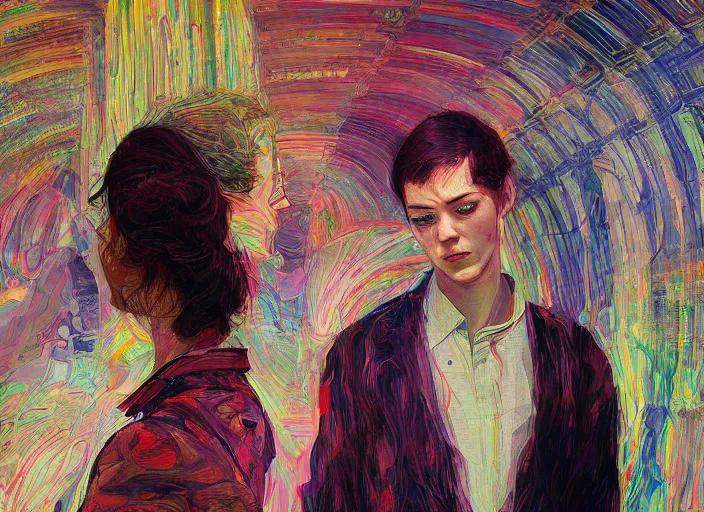 Image similar to people in an airport, portrait face, colorful, in the style of frantisek kupka, intricate, miles johnston, kuroda seiki, cynical realism, painterly, yoshitaka amano, moebius, beautiful lighting, miles johnston, klimt, louise zhang, james jean