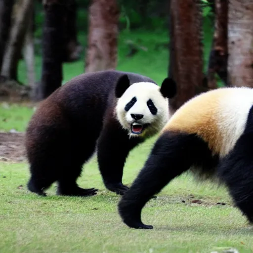 Prompt: An attractive French man kicked in the face by a panda