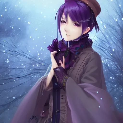 Image similar to wearing full clothing in full clothing victorian dress, beautiful anime woman, purple hair, red eyes, weapon, steampunk, symmetrical face, symmetrical eyes, full round face, short smile, detailed, winter setting, cinematic lighting, medium shot, mid - shot, makoto shinkai, artgerm, ilya kuvshinov, loish