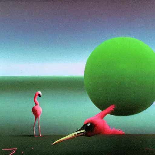 Image similar to painting of a green glowing orb being held by a flamingo in a desert by Zdzisław Beksiński