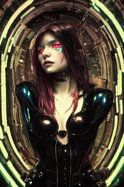 Image similar to Portrait of beautiful pale cyberpunk gothic girl in black latex, neon lighting, intricate, elegant, highly detailed, digital painting, artstation, concept art, smooth, sharp focus, illustration, art by artgerm and greg rutkowski and alphonse mucha