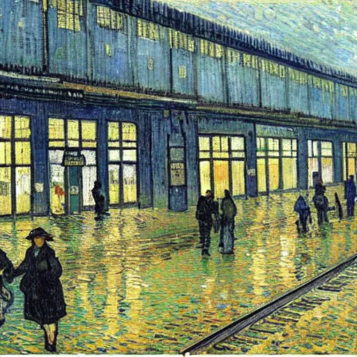 Prompt: A van gogh painting of a train station on a rainy day, atmospheric, people are waiting on the platform, very detailed