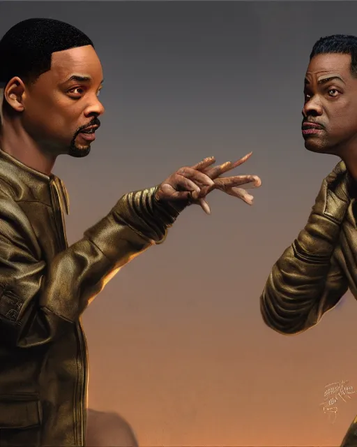 Image similar to will smith slapping chris rock, accurate details, detailed face, dramatic, intricate, elegant, highly detailed, digital painting, artstation, concept art, smooth, sharp focus, illustration, art by Gustave Dore, octane render