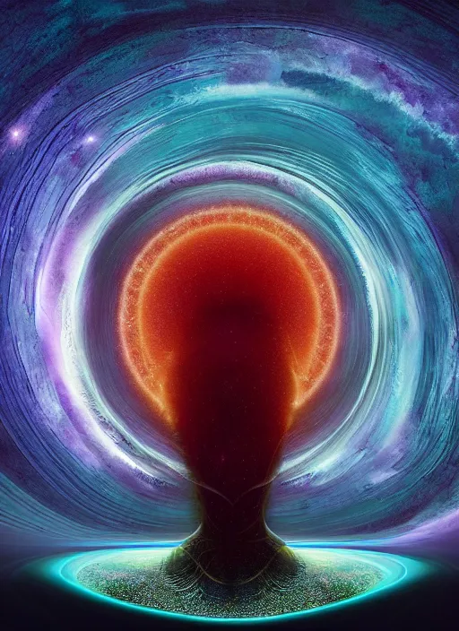 Prompt: the expansion of self realization, portrait, while tipping hallucinogenic dmt, space and time bending into a vortex of subjective reality, event horizon from within, ron walotsky, michal karcz