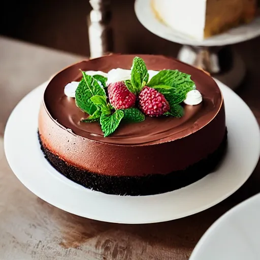 Image similar to “Food photography of “chocolate mint mousse cake” with garnishes, 85mm f1.2, extremely detailed”