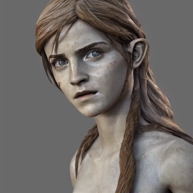 Image similar to marble sculpture of emma watson as an elf warrior, realistic, unreal engine render, octane render, hyper realistic, photo, 8 k, cinematic lighting