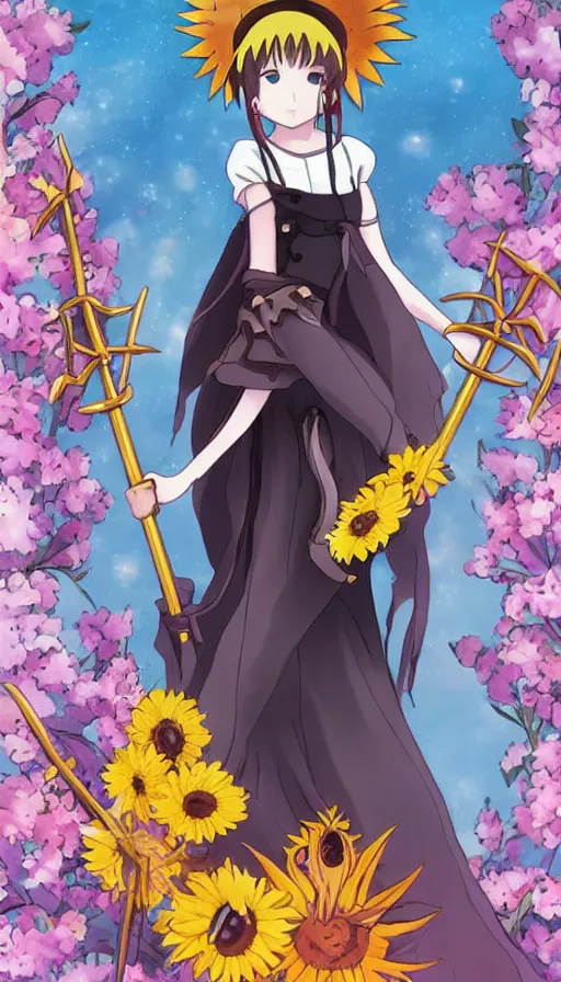 Image similar to the being death as a cute anime girl with a giant sun flower scythe from a studio ghibli film inspired by the death tarot card