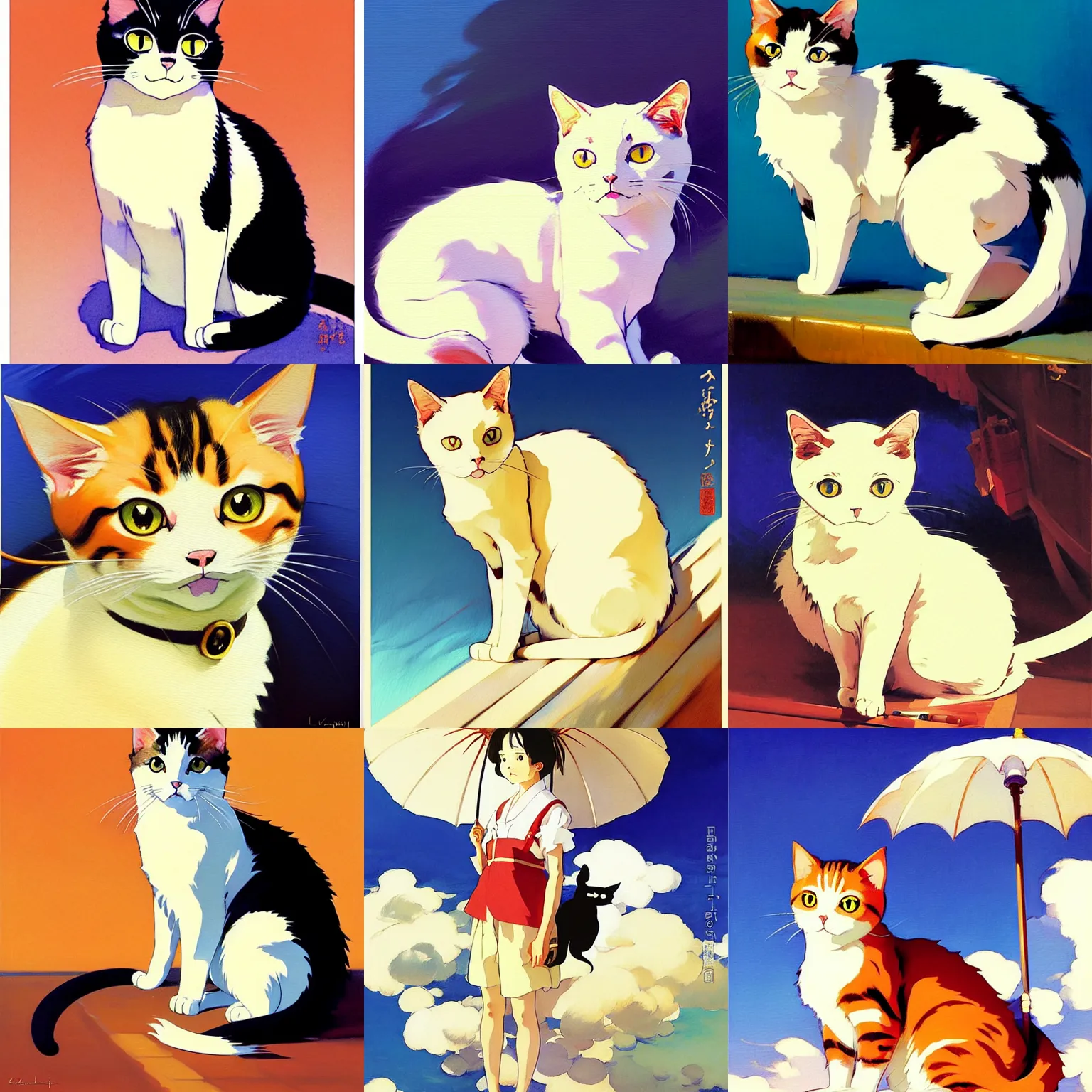 Prompt: a cute cat, by studio ghibli painting, by joaquin sorolla rhads leyendecker, an aesthetically pleasing, dynamic, energetic, lively, overlaid with aizome patterns, by ohara koson and thomas kinkade, traditional japanese colors, superior quality, masterpiece, sticker, vector art, full body, white background, power pose