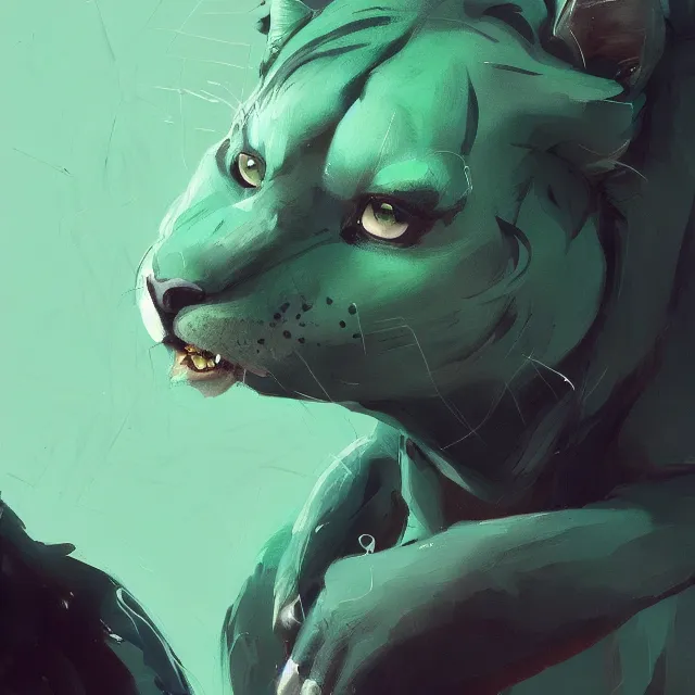 Image similar to a beautiful painting of a handsome anthropomorph dark gray panther fursona. green and black human hair on the head. disney character design by cory loftis, fenghua zhong, ryohei hase, ismail inceoglu and ruan jia. artstation, volumetric light, detailed, photorealistic, rendered in octane