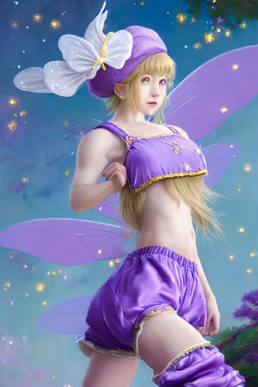 Image similar to Full View fairy maiden with short blond hair wearing an oversized purple Beret, Baggy Purple overall shorts, Short Puffy pants made of silk, silk shoes, a big billowy scarf, Golden Ribbon, and white leggings Covered in stars. covered in embroidery. Short Hair. peasant magic. masterpiece 4k digital illustration by Ruan Jia and Mandy Jurgens and Artgerm and william-adolphe bouguereau, award winning, Artstation, art nouveau aesthetic, Alphonse Mucha background, intricate details, realistic, panoramic view, Hyperdetailed, 8k resolution, intricate art nouveau