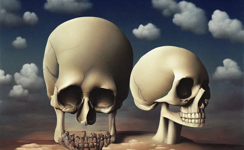 Prompt: a surrealistic painting of the slate theory origin and a human skull, in the style of rene magritte and zdzislaw beksinski and mark ryden, digital art, detailed masterpiece