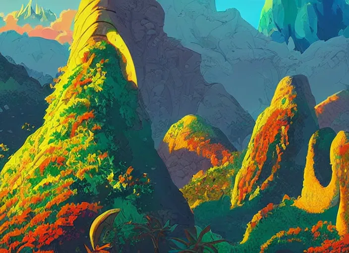 Image similar to psychedelic art of a mountain shaped like a dinosaur, jungle landscape, detailed, cel shaded, by makoto shinkai and moebius and anton fadeev and james gurney