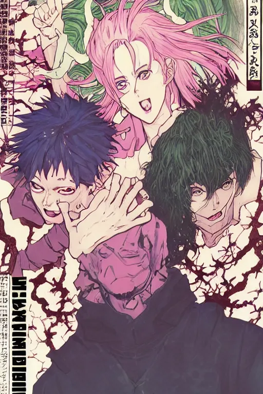 Prompt: professionally drawn shonen mature horror mystery action manga comic cover, beautifully drawn museum portrait coherent professional, drawn by ilya kuvshinov, gustav klimt, peter mohrbacher, alphonse mucha and tsutomu nihei. text kanji hiragana on the cover. simplistic minimalist stylized cover art. pink & green & blue full color.