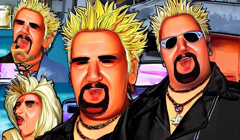 Prompt: guy fieri in gta v loading screen art by stephen bliss