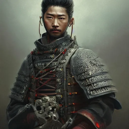 Prompt: HDR, realistic, high depth of field portrait of a samurai, highly detailed, intricate image by Andrei Riabovitchev, Shaun Tan and Peter Mohrbacher, matte painting