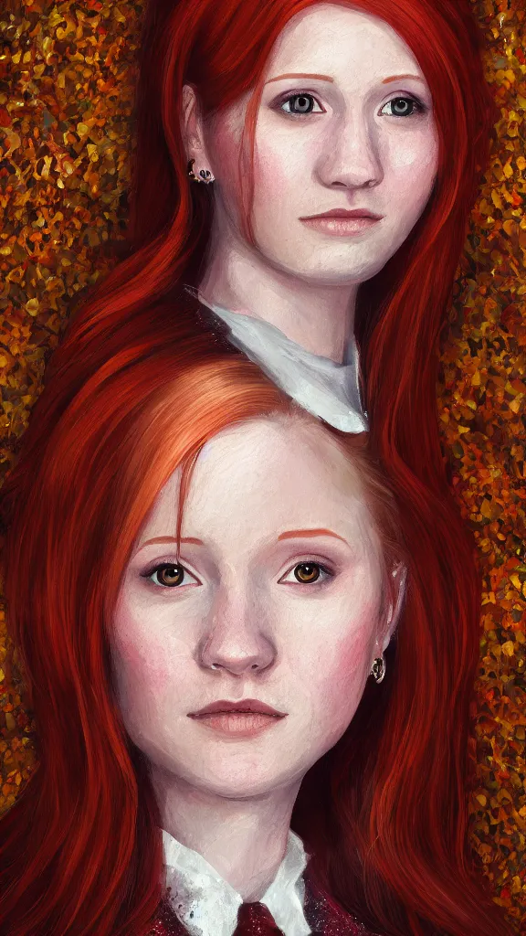 Image similar to a close - up portrait of ginny weasley, attending the yule ball. beautiful painting by jim kay. color harmony, 8 k detail, gallery quality, hd wallpaper, premium prints available, hyper - detailed, intricate design.