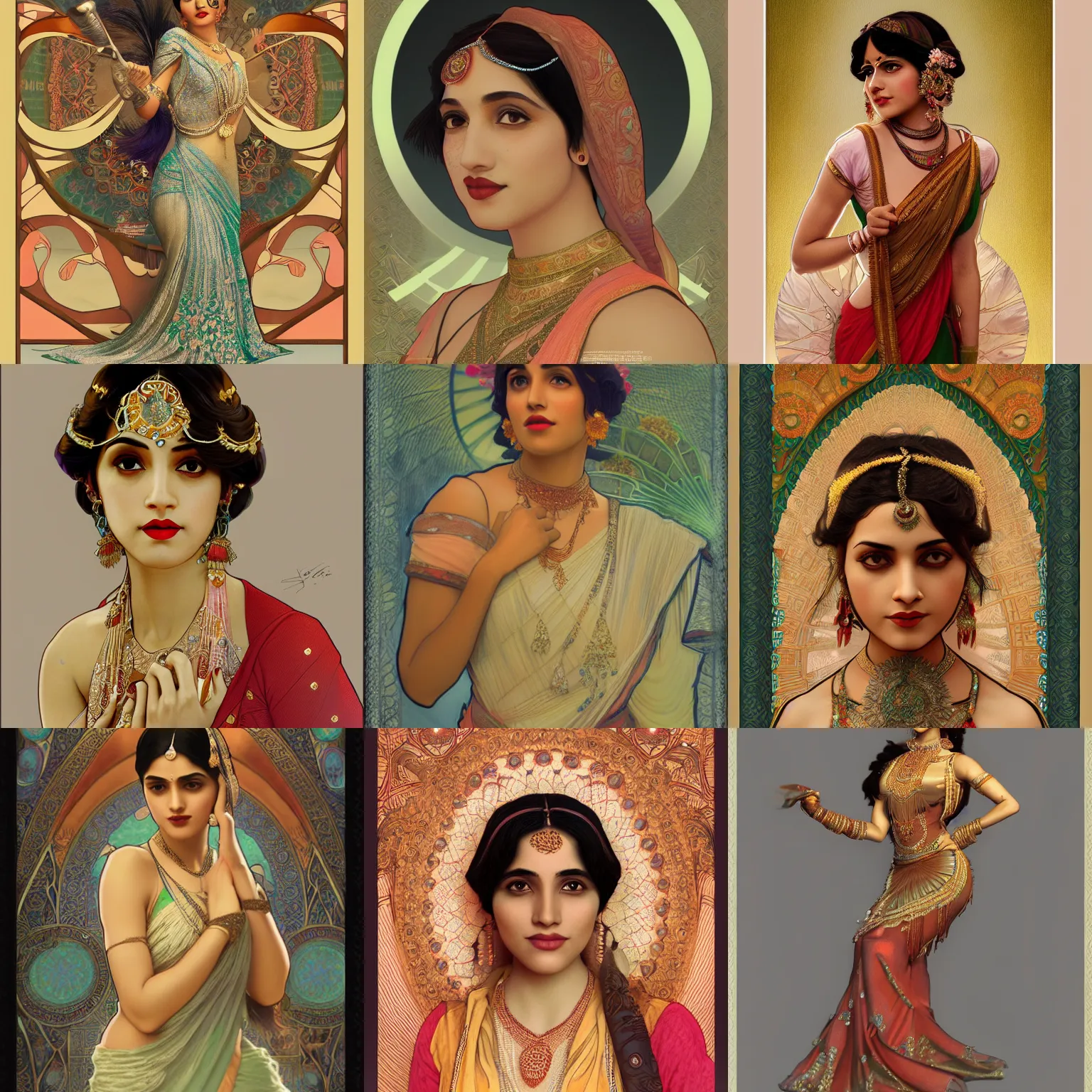 Prompt: a beautiful south asian female flapper wear, as seen on artgerm, octane render, in the style of alphonse mucha, ultra realistic, highly detailed, 8 k