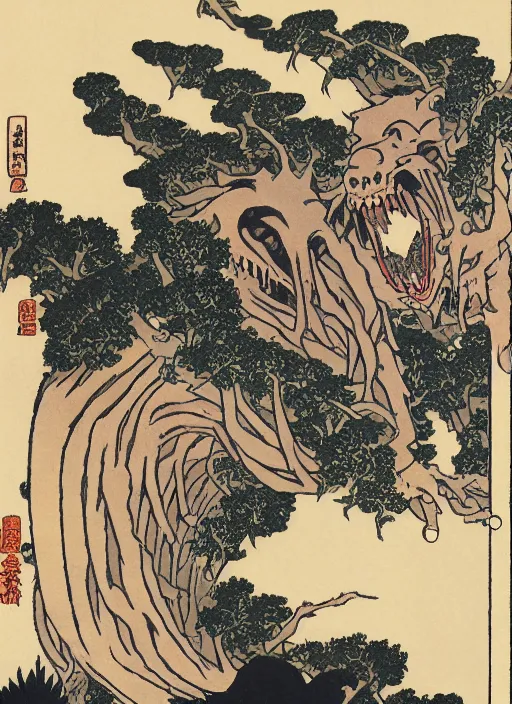Prompt: deadly monster raising in aien forest, illustration by hokusai style