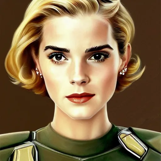 Prompt: A combination of Grace Kelly's and Emma Watson's and Ashley Greene's appearances with blonde hair wearing Master Chief's armor, full body portrait, western, D&D, fantasy, intricate, elegant, highly detailed, digital painting, artstation, concept art, matte, sharp focus, illustration, art by Donato Giancola and James Gurney