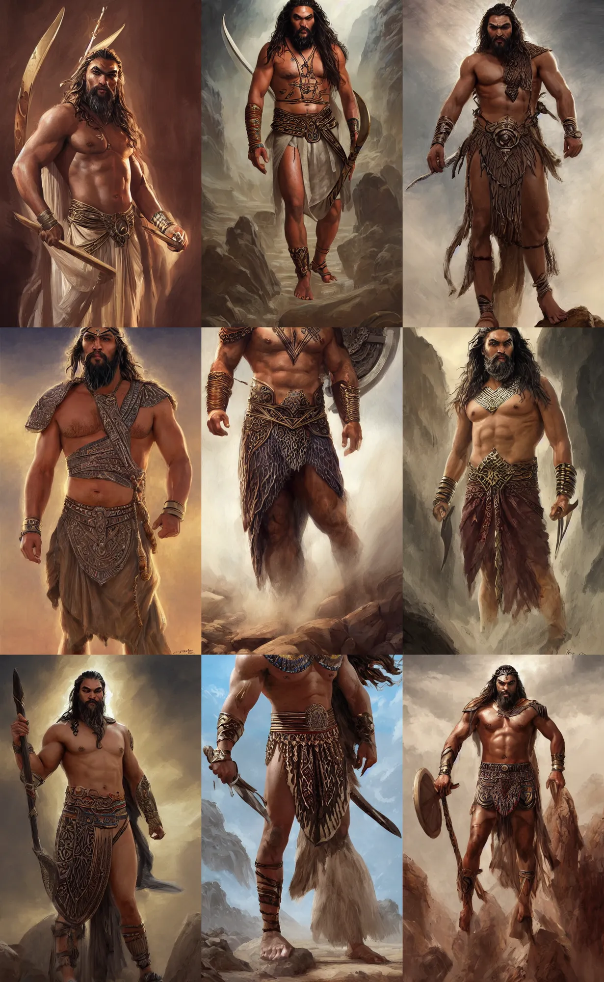 Prompt: jason momoa as assyrian, whit cloth, front view, full body, full shot, neutral background, highly detailed, digital painting, artstation, concept art, sharp focus, illustration, orientalism, art by artgerm and greg rutkowski and raphael lacoste and magali villeneuve