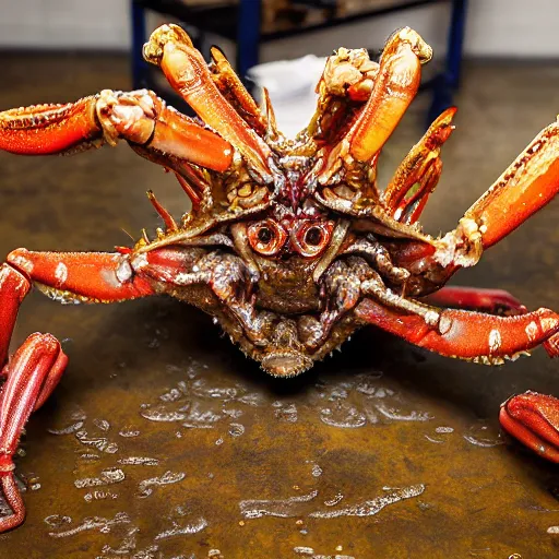 Image similar to photo taken of an epic intricate, ultra detailed, super realistic sculpture of a wet slimy nightmarish hellish demonic dead human head sprouting crab legs animatronic on display in a workshop, created by weta workshop, photorealistic, sharp focus, f 0. 4, face centred, macro photography, golden ratio, golden hour