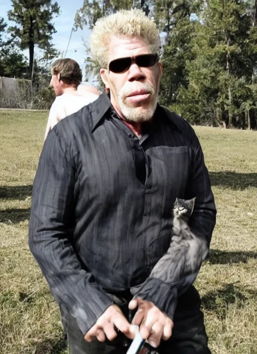 Prompt: Ron Perlman as a housecat, a photo from movie set