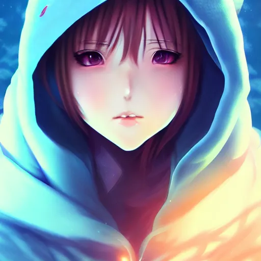 Image similar to advanced anime character art render, beautiful anime girl wearing a whale skin hoodie outfit ,blue watery eyes, close up , Rossdraws, WLOP , Sakimimichan