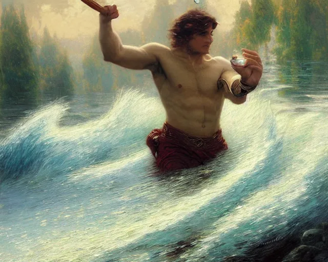 Image similar to attractive male wizard casting powerful tsunami wave spell in a beautiful lake. highly detailed painting by gaston bussiere, craig mullins, j. c. leyendecker 8 k