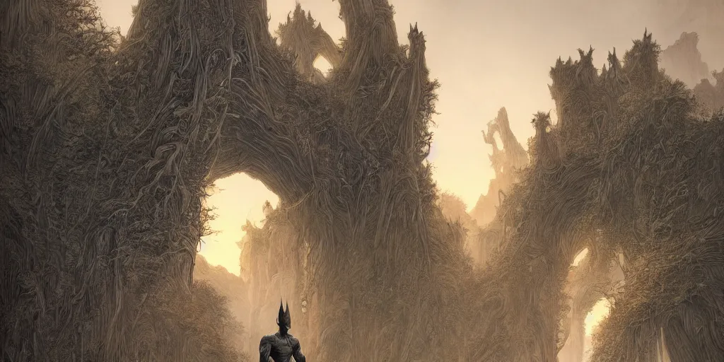 Prompt: lone superhero in a highly detailed cinematic castle entrance in an ancient chinese bamboo forest landscape by feng zhu, wayne barlowe, perfect geometry, hyper - detailed, sharp, beautiful, desaturated, beautiful lighting, oil on canvas, sunset
