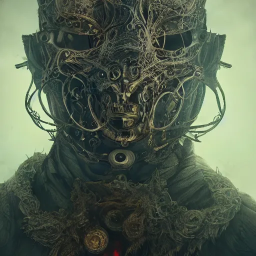 Image similar to Very very very very highly detailed epic zoom out photo of demonic face with venetian mask, intricate, dystopian, sci-fi, extremely detailed, digital painting, artstation, concept art, smooth, sharp focus, illustration, intimidating lighting, incredible art by Anna Dittmann, Anton Pieck, Octane render in Maya and Houdini VFX