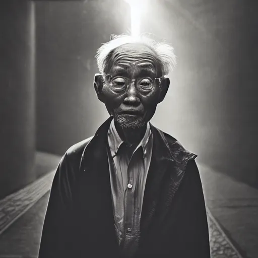 Image similar to a character portrait photo of an old japanese man, flickr contest winner, neo-expressionism, art photography, hyperrealism, chiaroscuro, anamorphic lens flare, shallow depth of field, photo taken with provia, 24mm, f1.8, by Filip Hodas, by Andrew Domachowski