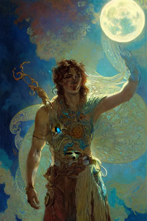 Image similar to pearlescent turquoise moon sorcerer, character design, painting by gaston bussiere, craig mullins, greg rutkowski, alphonse mucha