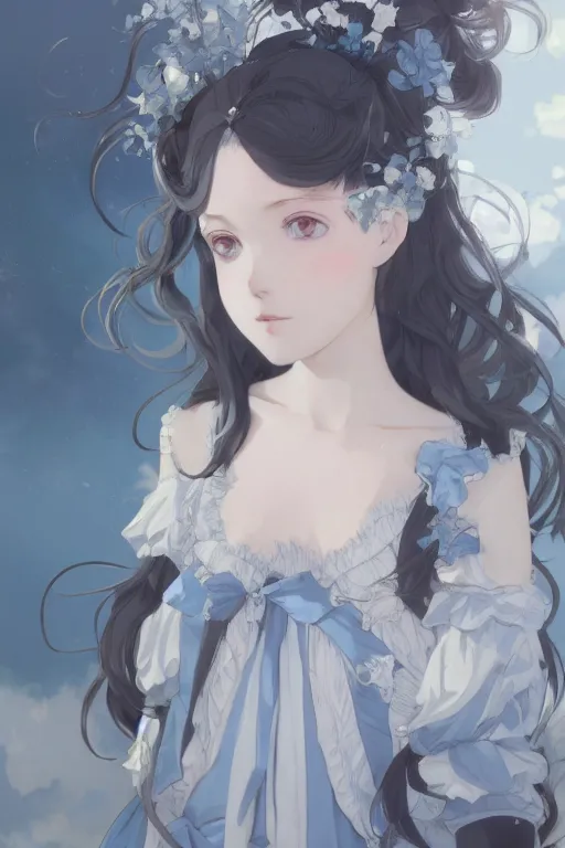 Image similar to a character design of young black lolita dressed girl, grey and blue theme, wavy white long hair by krenz cushart and mucha and akihito yoshida and makoto shinkai and greg rutkowski, detailed eyes, 4 k resolution