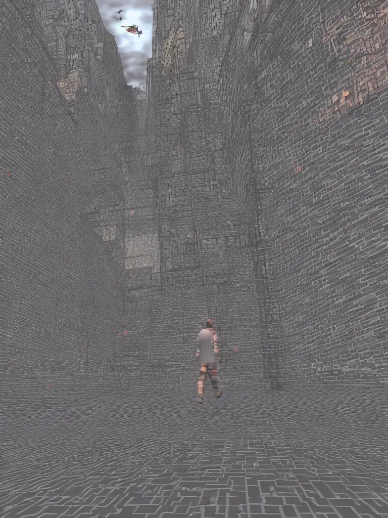 Prompt: PS1 game, man walking in city third person, static white noise glitching in the sky