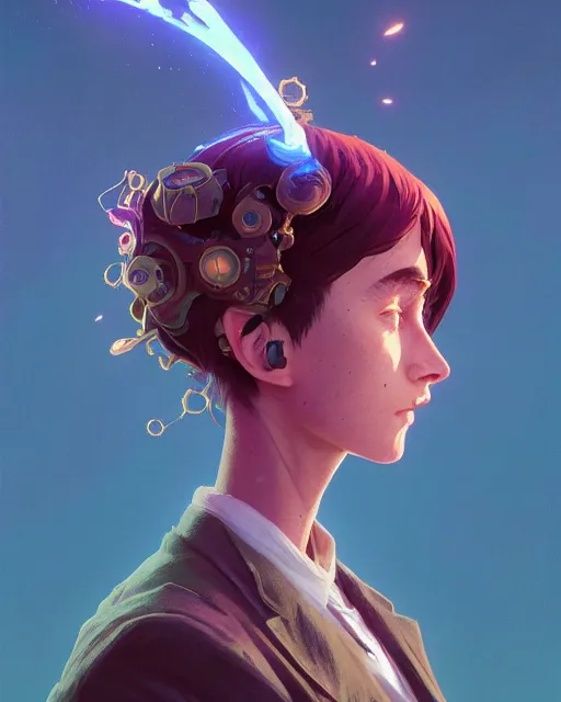 Image similar to highly detailed surreal vfx portrait of a nowpunk mage, stephen bliss, unreal engine, greg rutkowski, loish, rhads, beeple, makoto shinkai and lois van baarle, ilya kuvshinov, rossdraws, tom bagshaw, alphonse mucha, global illumination, detailed and intricate environment